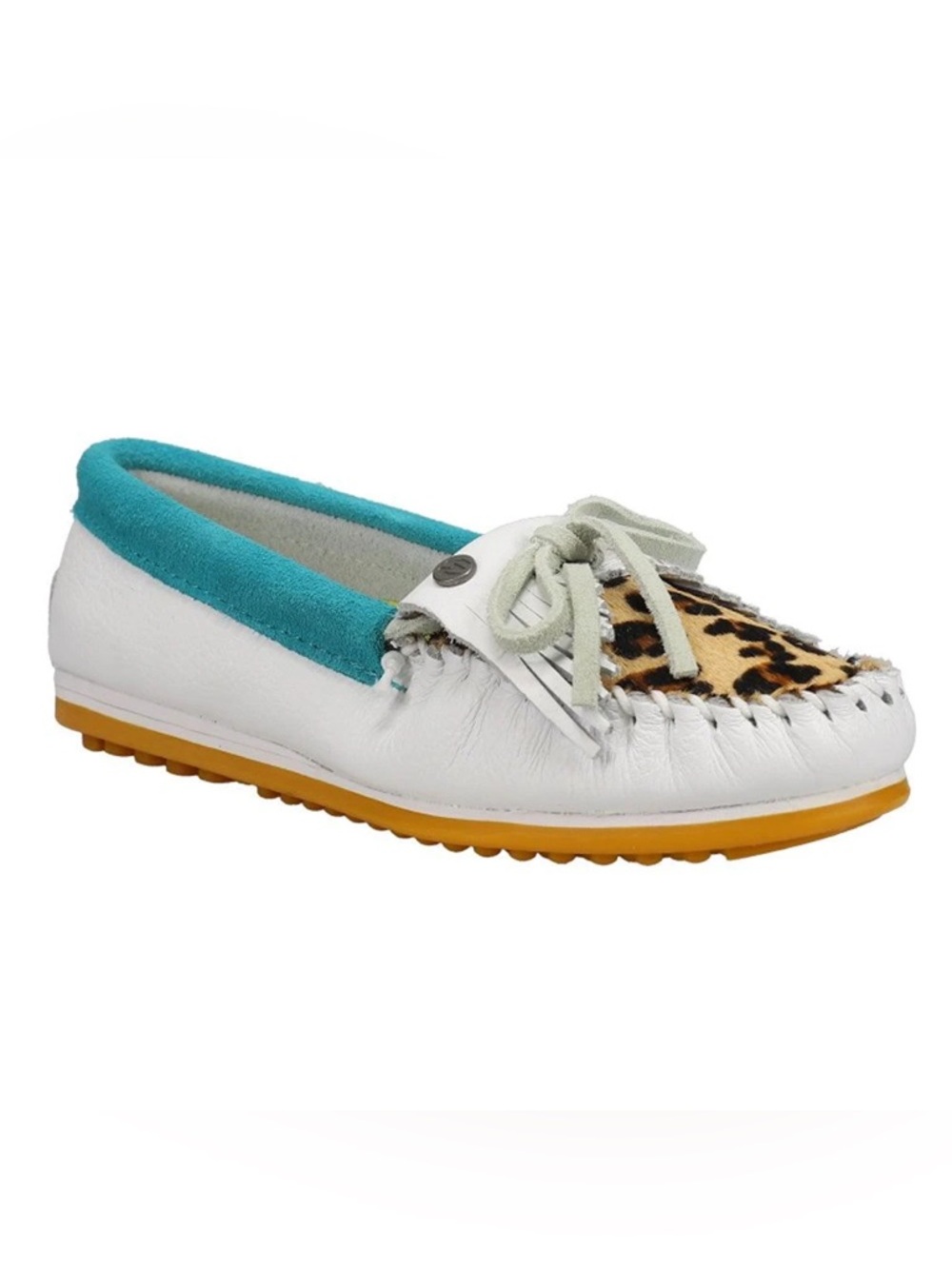 Minnetonka White Leather Turquoise Suede Leopard Kilty Plus Moccasins Shoes 6.5🐆